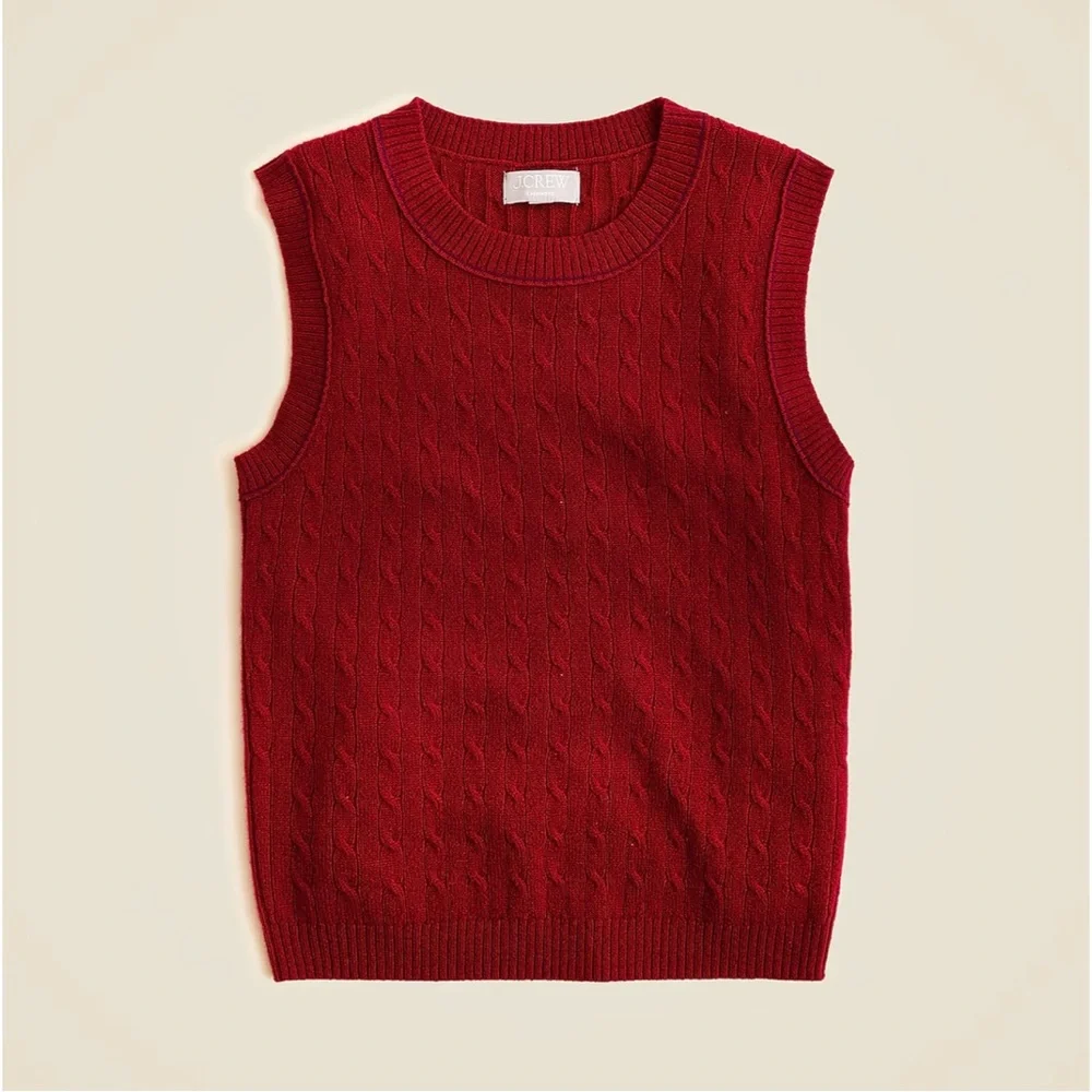 NWT J. Crew Cashmere Cable-knit Sweater Shell Contrast Trim Burgundy Iris Red